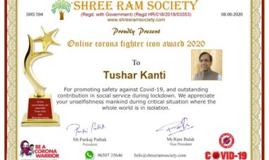 श्री राम सोसाइटी ने तुषार कांति शीट को दिया कोरोना फाइटर आईकॉन अवॉर्ड