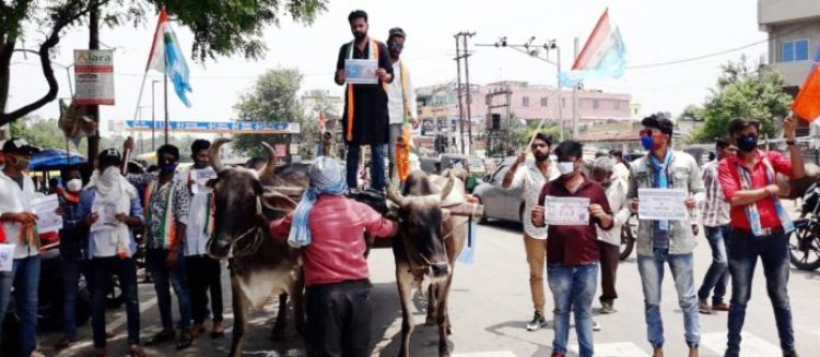 पेट्रोल और डीज़ल के बढ़ती कीमत के विरोध में झारखंड कांग्रेस छात्र संगठन एन.एस.यू.आयी का अनोखा विरोध प्रदर्शन।