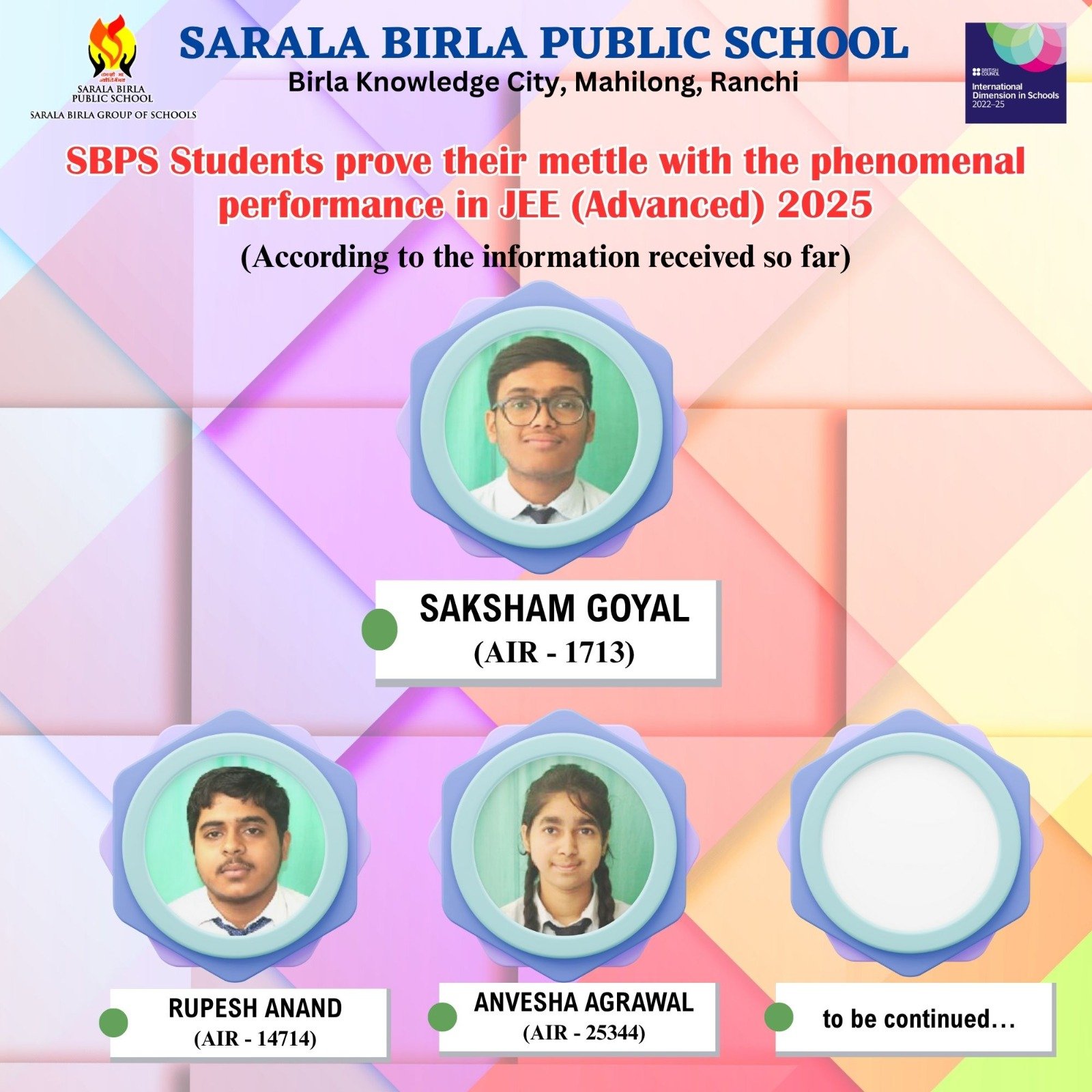 सरला बिरला पब्लिक स्कूल के  छात्रों ने जेईई (एडवांस्ड) 2025 में शानदार प्रदर्शन किया