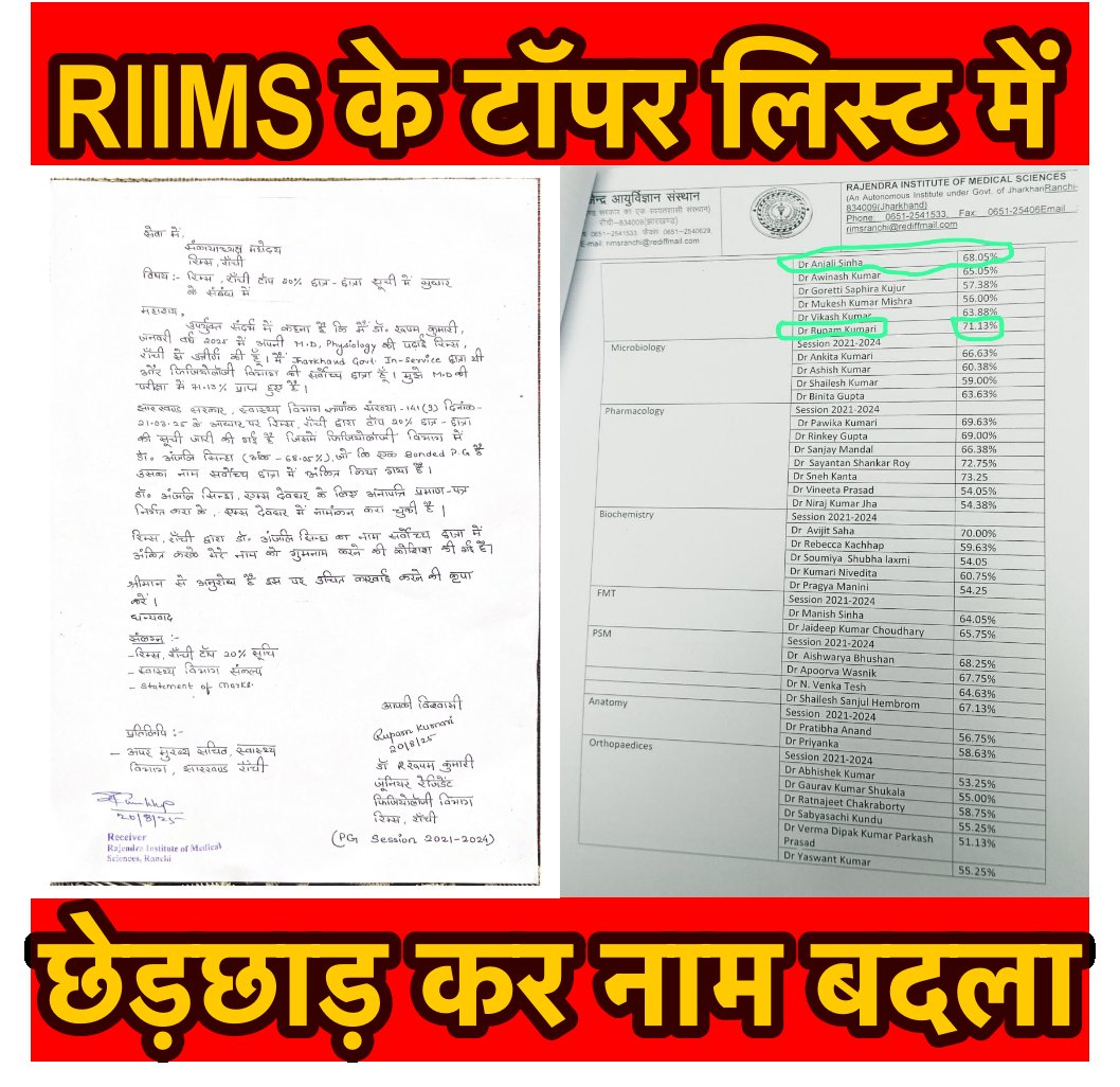 भ्रष्टाचार - RIMS PG टॉपरों की लिस्ट में छेड़ - छाड़ कर दलालों द्वारा AIIMS देवघर में सीट दिलवाया गया